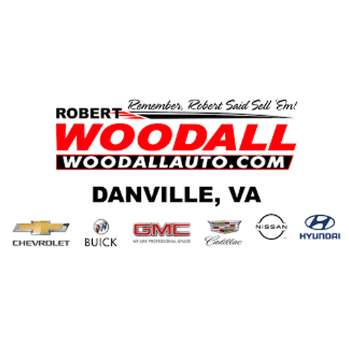 Robert Woodall car dealership logo: Red and black text, Danville, VA, with car brand logos.
